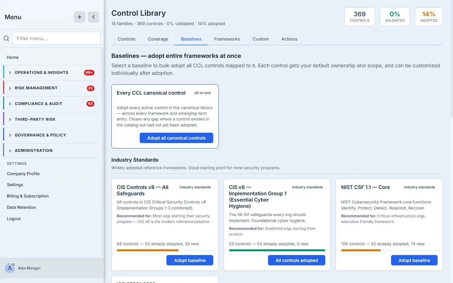 The Baselines tab — bulk-adopt cards for CIS v8 All Safeguards, CIS v8 IG1, and NIST CSF Core, each with a control count and an Adopt-baseline button.
