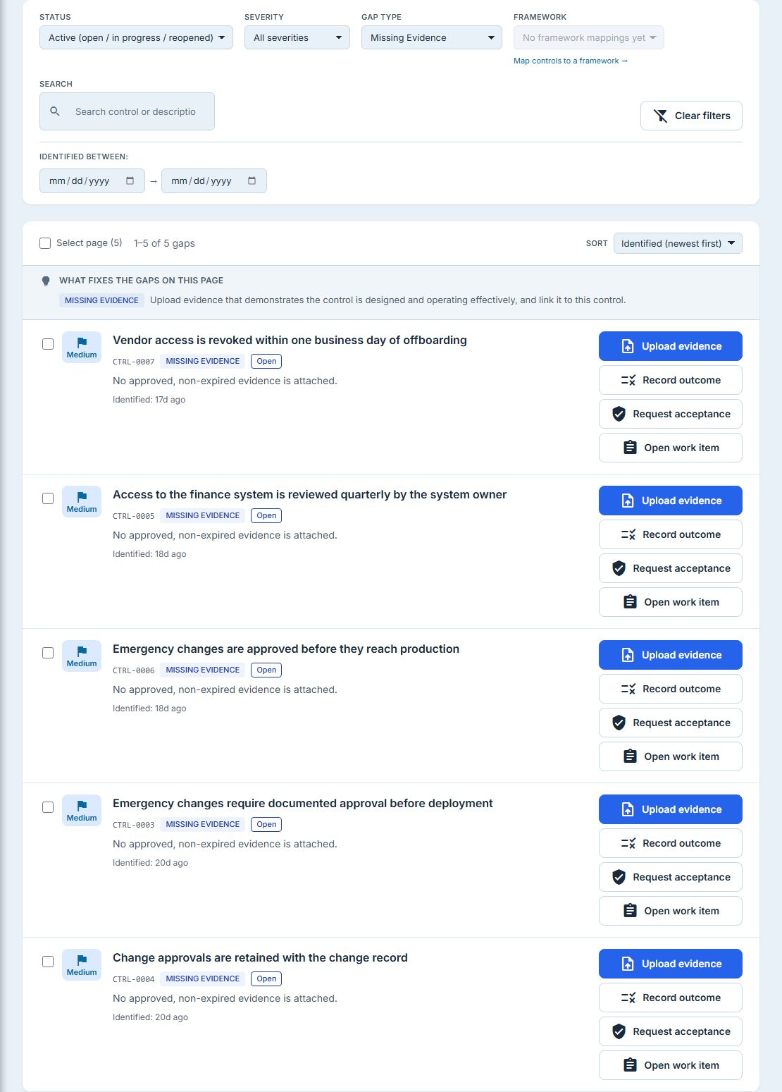 The filter rail — Status, Severity, Gap type, Framework and Search, with the identified-date range beneath them — above a gap list narrowed to Missing Evidence, whose header reads "1–5 of 5 gaps". The Framework select is disabled and states its own reason, "No framework mappings yet", with a "Map controls to a framework" link beside it.