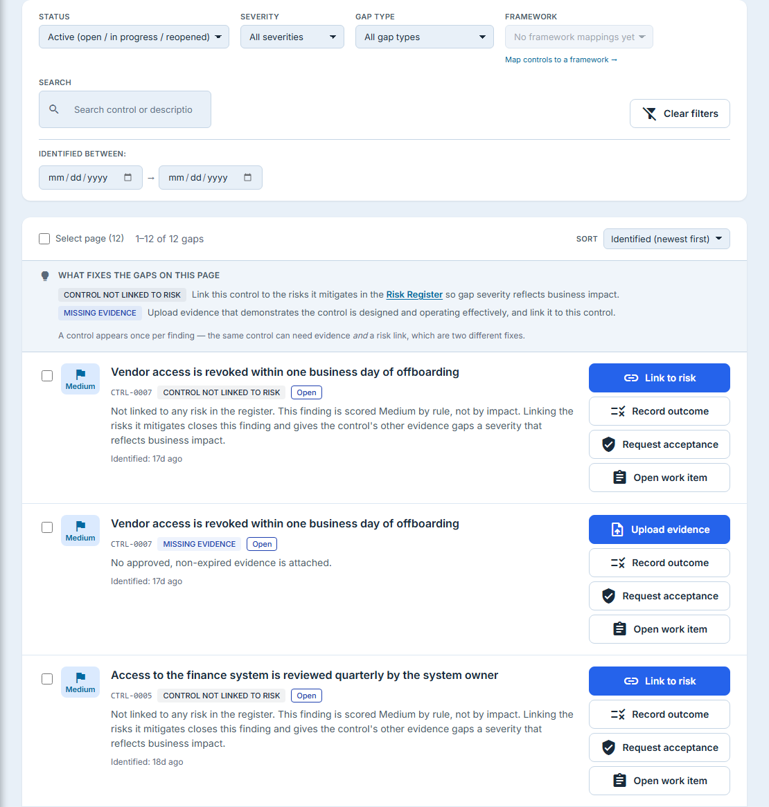 Gap rows with their prescribed fixes — a Control Not Linked to Risk row offering Link to risk, a Missing Evidence row offering Upload evidence — under the "What fixes the gaps on this page" guidance block.
