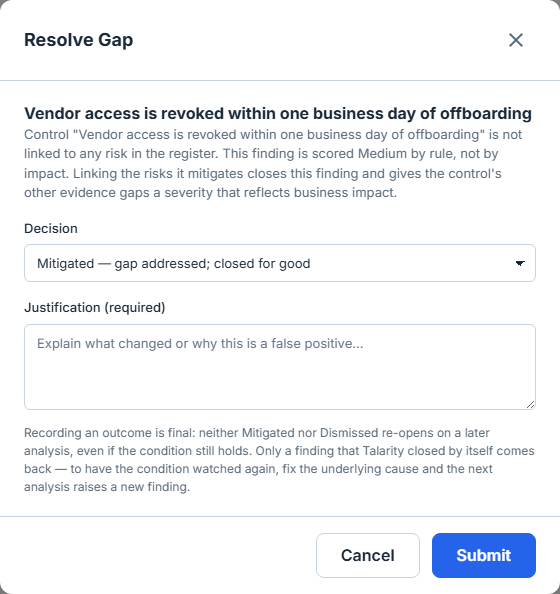 The Resolve Gap dialog, opened from Record outcome — a Decision select set to "Mitigated — gap addressed; closed for good", a required justification, and the note that recording an outcome is final.