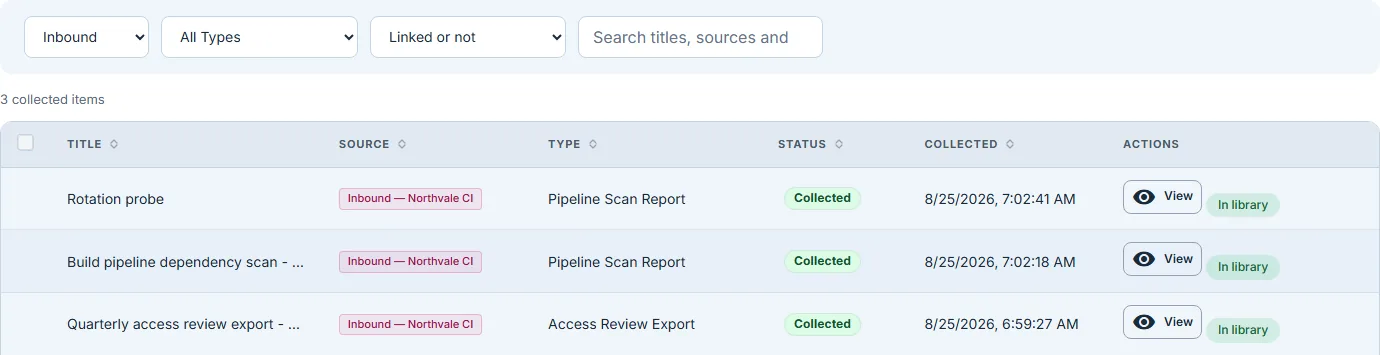 The Evidence Collection table with the filter that produced its rows — a Source select reading "Inbound" beside All Types, a linked-or-not select and a search box, then a "3 collected items" count, then a select-all checkbox and the column header row (Title, Source, Type, Status, Collected, Actions) above three rows. Each row carries its title, the source chip "Inbound — Northvale CI", its type, a green Collected status pill, a full collection timestamp such as "8/25/2026, 7:02:41 AM", and a View button beside an "In library" chip. The second and third titles are ellipsis-truncated to the column width.
