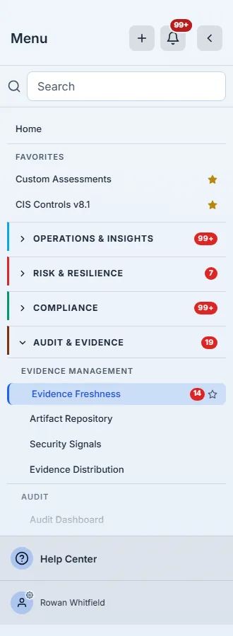 The sidebar with a badge on the Evidence Freshness item — the sum of the tabs it hosts, not the gap count on its own.
