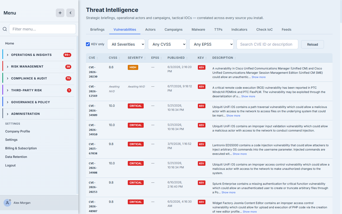 The Vulnerabilities tab — a CVE-advisory table (CVE, CVSS, Severity, EPSS, Published, KEV, Description) with filters for KEV-only, severity, CVSS, and EPSS, so the genuinely dangerous CVEs sort to the top.