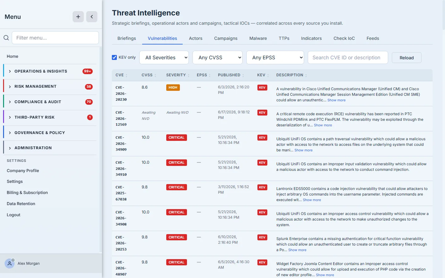 The Vulnerabilities tab — a CVE-advisory table (CVE, CVSS, Severity, EPSS, Published, KEV, Description) with filters for KEV-only, severity, CVSS, and EPSS, so the genuinely dangerous CVEs sort to the top.