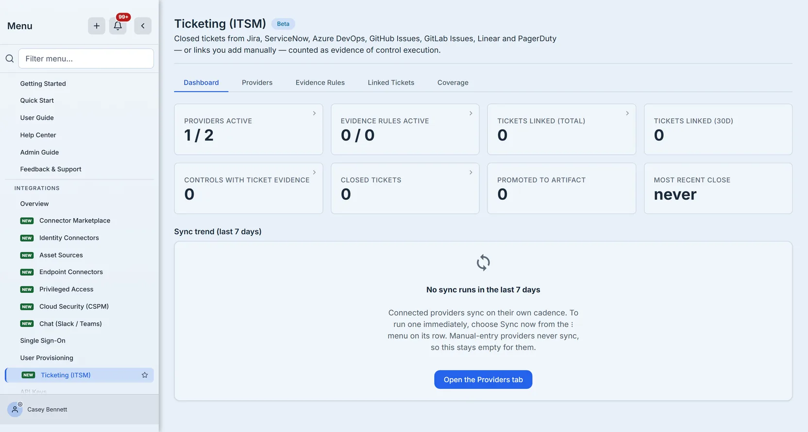 The Ticketing (ITSM) dashboard: eight counters, the most recent close, and the seven-day sync trend