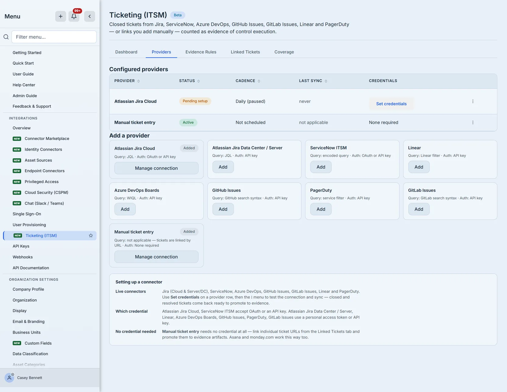 The Providers tab: Manual ticket entry active with no credential, and Jira Cloud added but pending setup