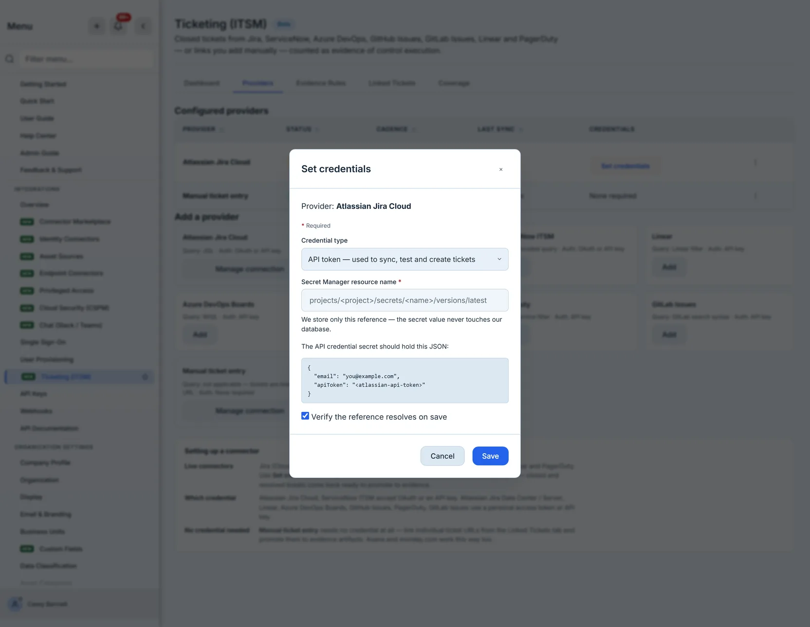 Setting a credential by Secret Manager reference — Talarity stores the pointer, never the secret