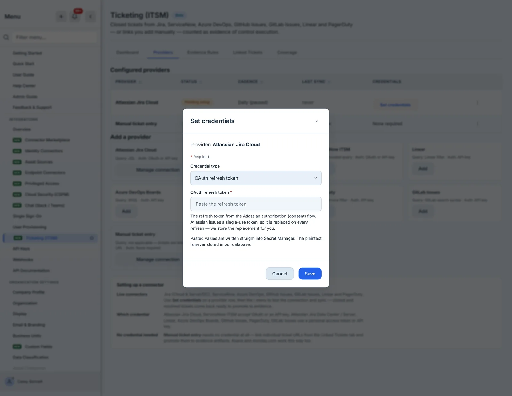 The OAuth family: the refresh token is pasted once and rotates automatically on each refresh