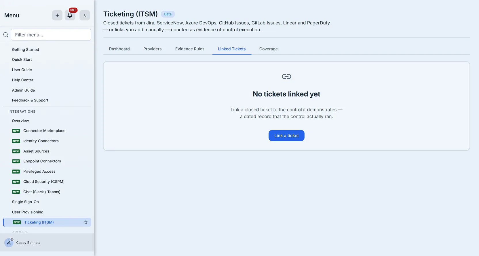 The Linked Tickets empty state, explaining why a closed ticket is evidence and offering the way in