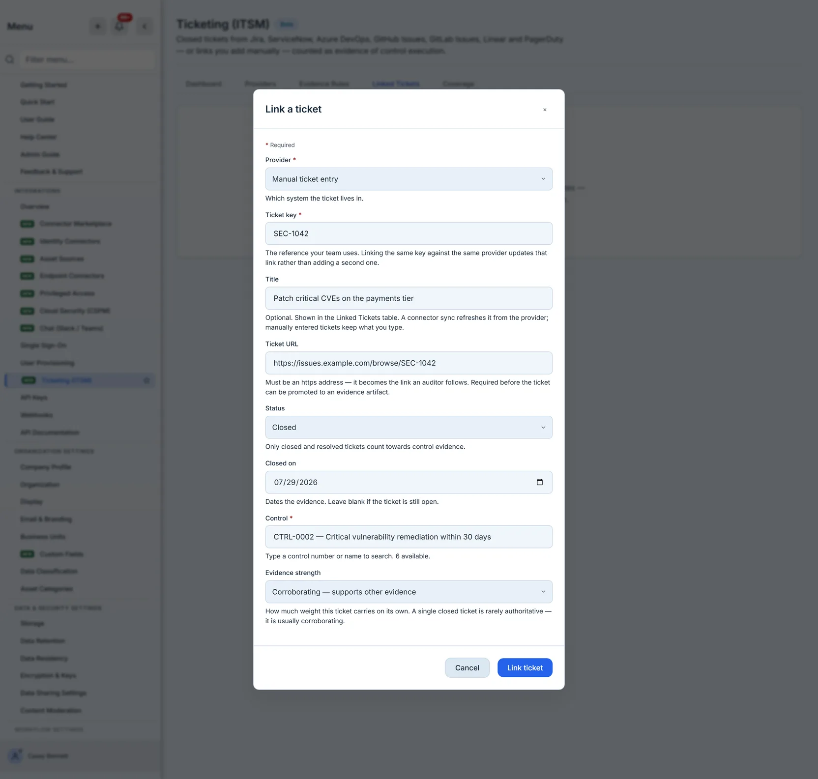 The same form completed for a closed ticket linked by hand, against a vulnerability-remediation control