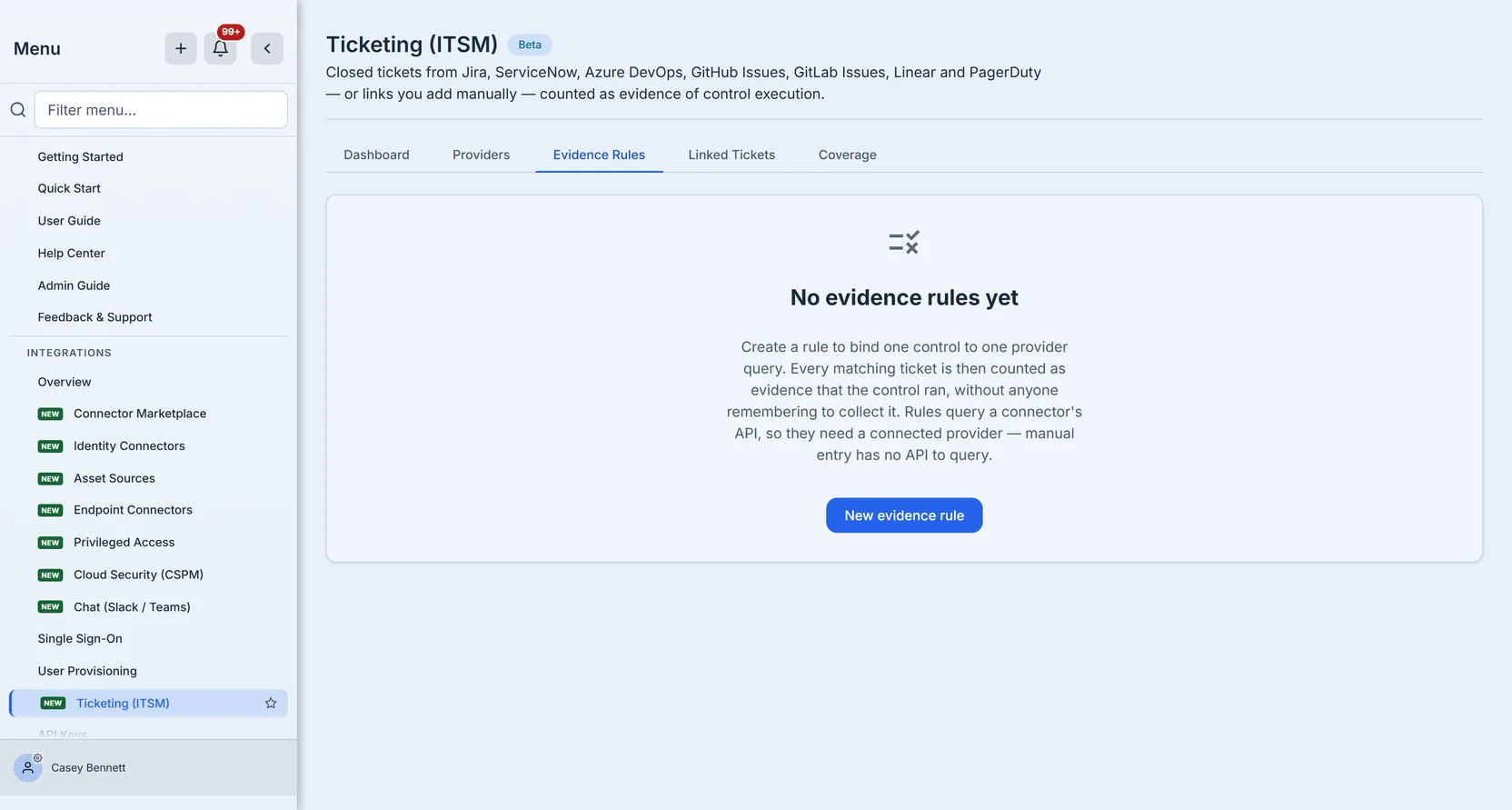 The Evidence Rules empty state, explaining what a rule does before you create one