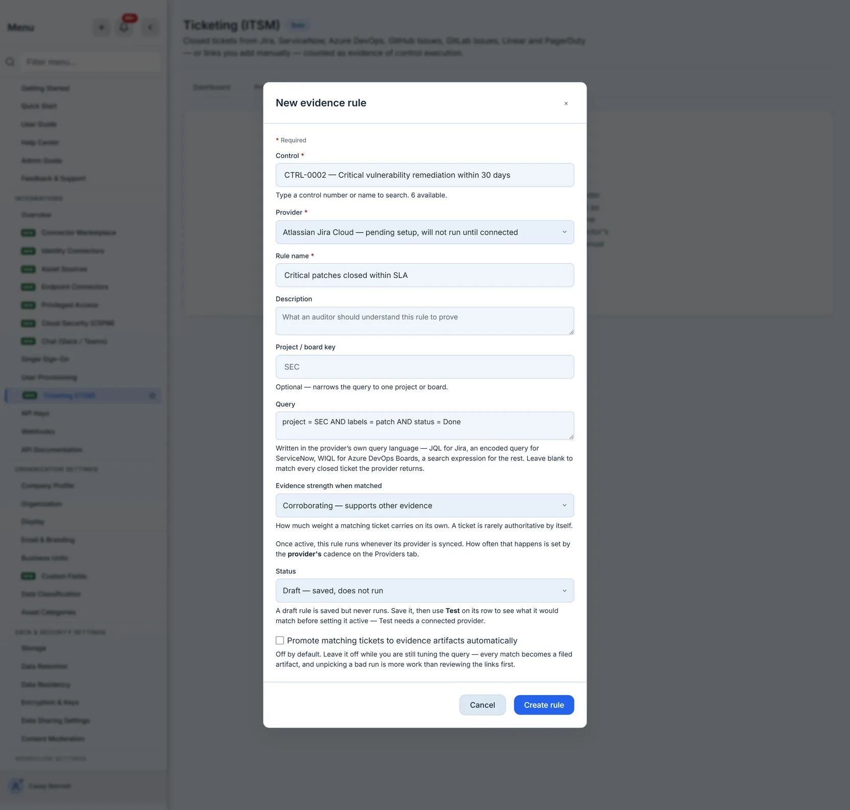 The rule editor: control, provider, name, query, evidence strength and automatic promotion