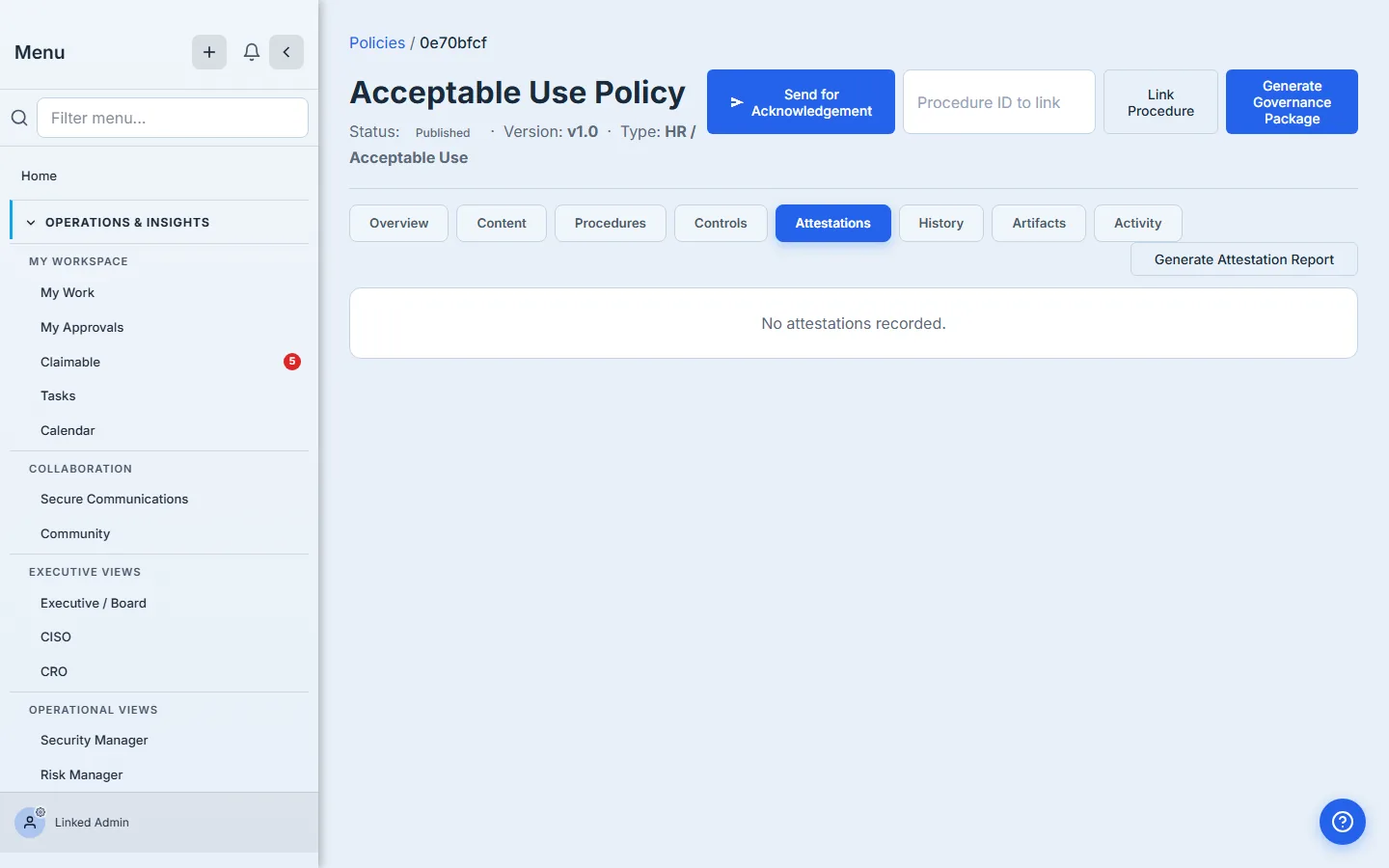 Acceptable Use Policy detail — Attestations tab in its empty state, with the "Send for Acknowledgement" call-to-action visible.