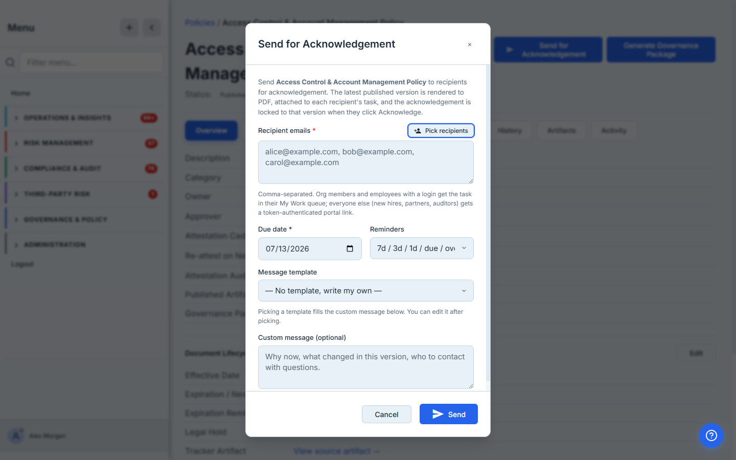 Send for Acknowledgement modal — empty state, with recipients textbox, due date, reminder cadence selector, and the custom message field.