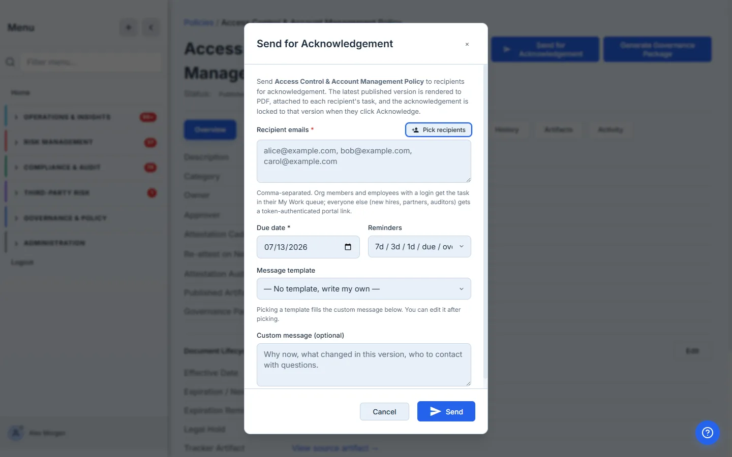 Send for Acknowledgement modal — empty state, with recipients textbox, due date, reminder cadence selector, and the custom message field.