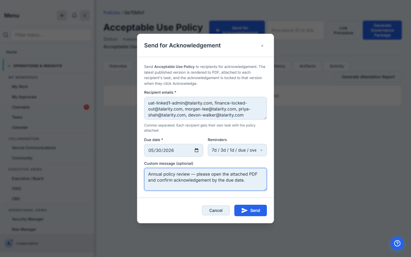 Send for Acknowledgement modal — five recipient emails entered, due date set to a week out, recommended reminder cadence selected, and the custom message filled.