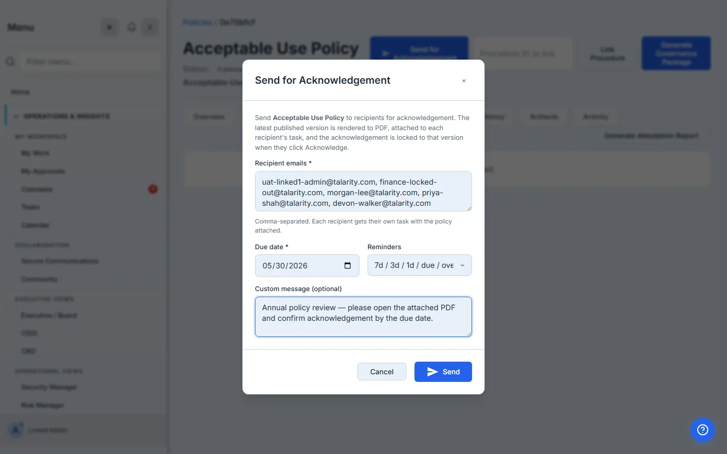 Send for Acknowledgement modal — five recipient emails entered, due date set to a week out, recommended reminder cadence selected, and the custom message filled.