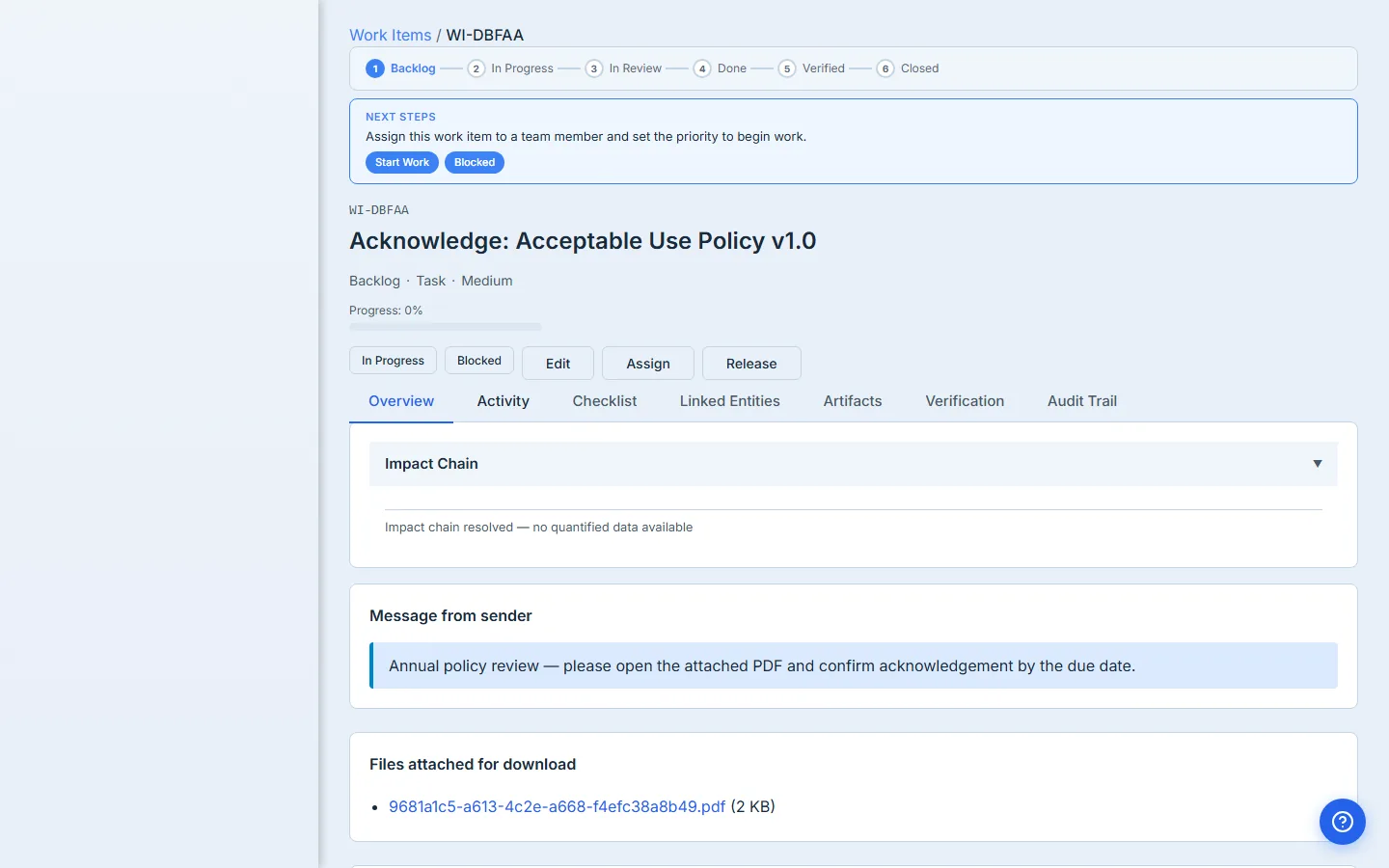 Recipient task view — "Acknowledge: Acceptable Use Policy v1.0", with the policy PDF attachment and the custom message visible, status pill at Backlog and the work item ready to be worked.