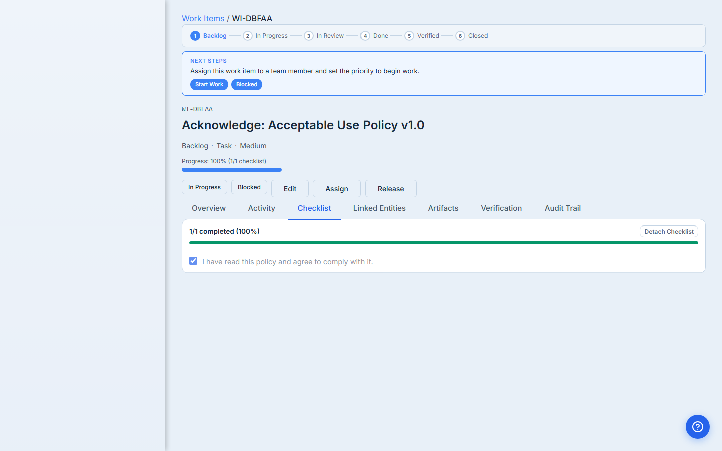 Checklist tab after acknowledgement — "1/1 completed (100%)", green progress bar, the acknowledgement item ticked and struck through.