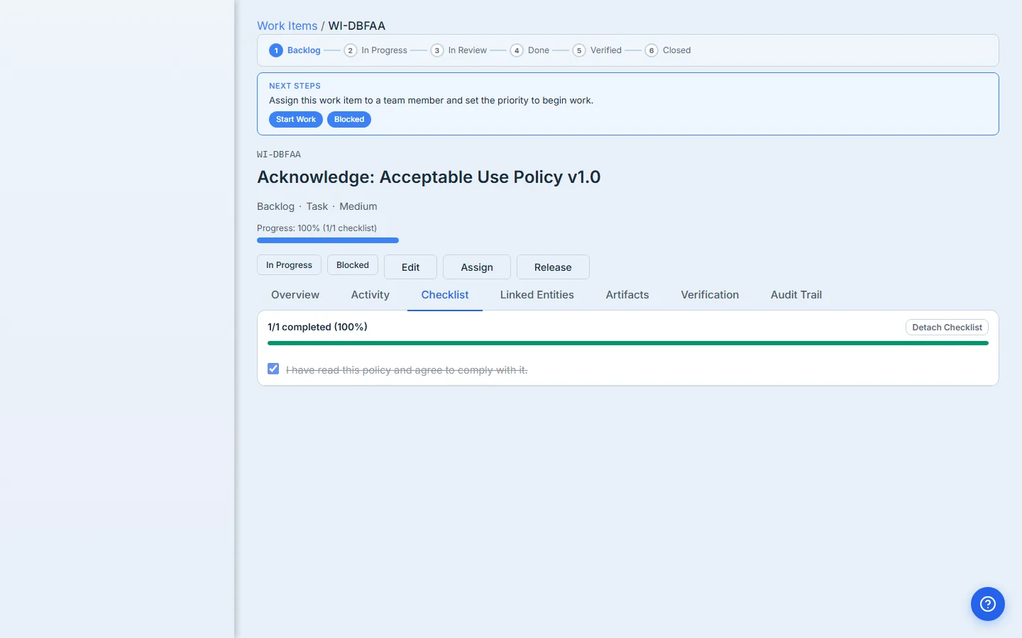 Checklist tab after acknowledgement — "1/1 completed (100%)", green progress bar, the acknowledgement item ticked and struck through.