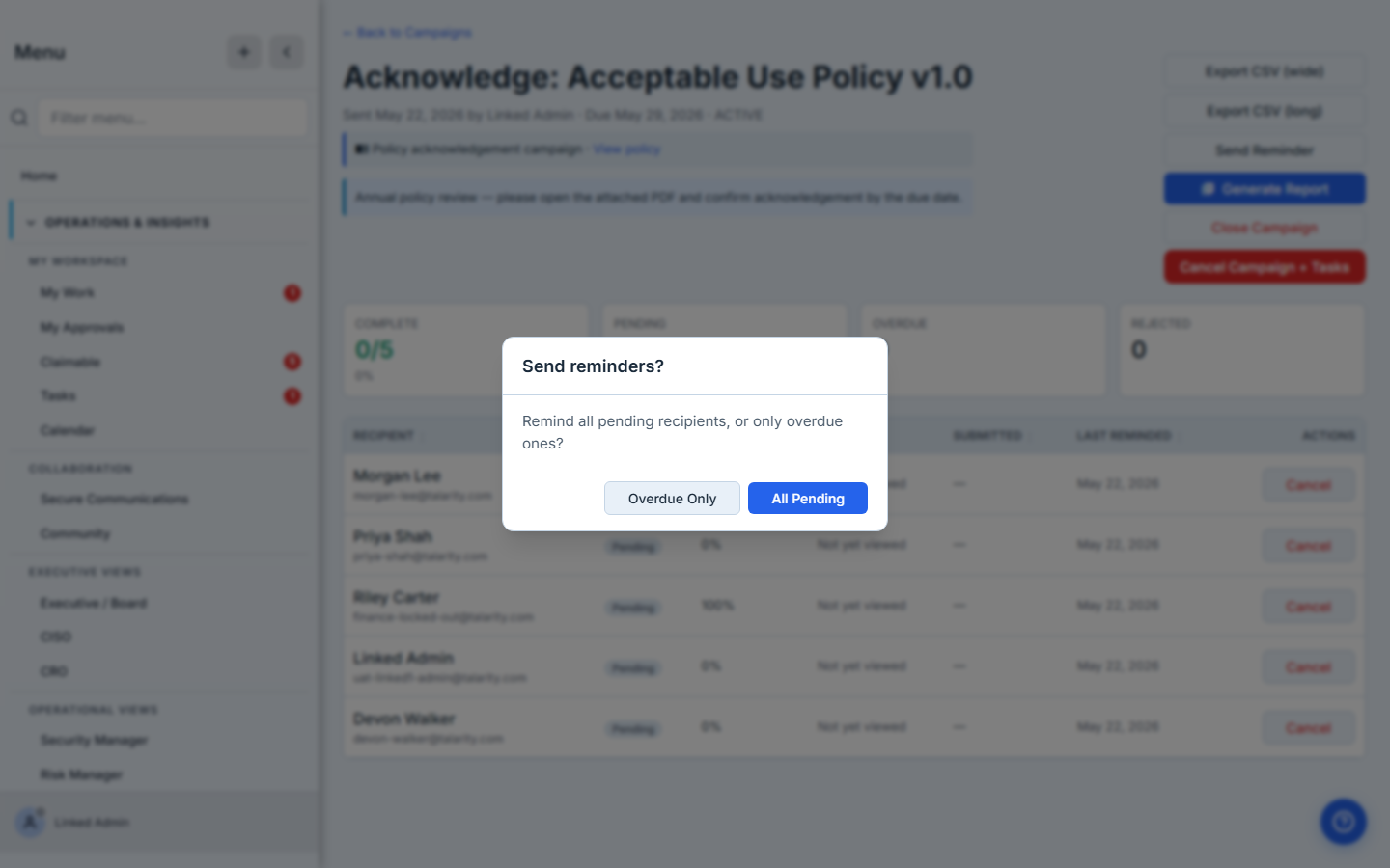 Send Reminder confirmation — coordinator picks the scope (Overdue Only or All Pending); the dialog asks "Send reminders?" with both buttons.