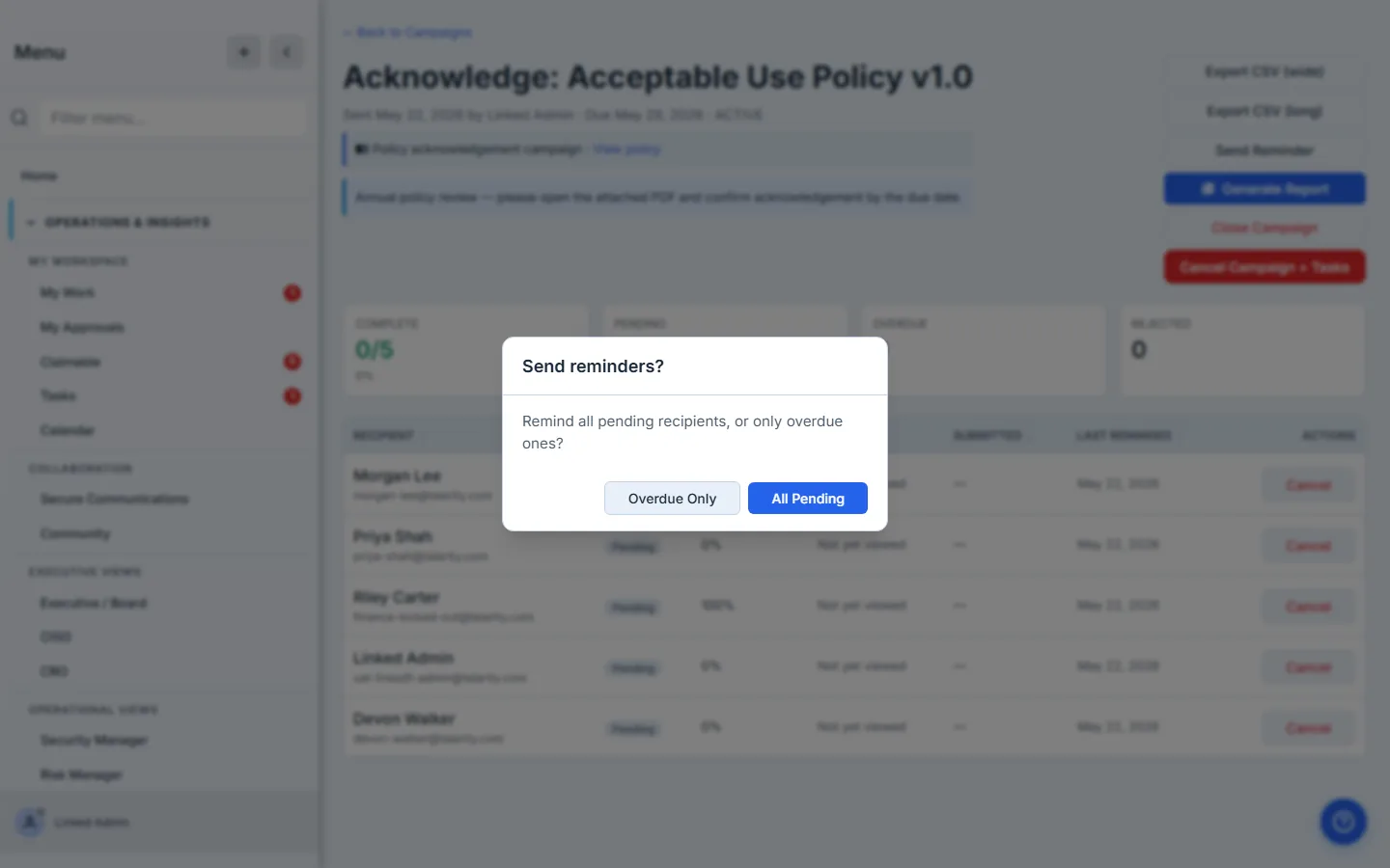 Send Reminder confirmation — coordinator picks the scope (Overdue Only or All Pending); the dialog asks "Send reminders?" with both buttons.