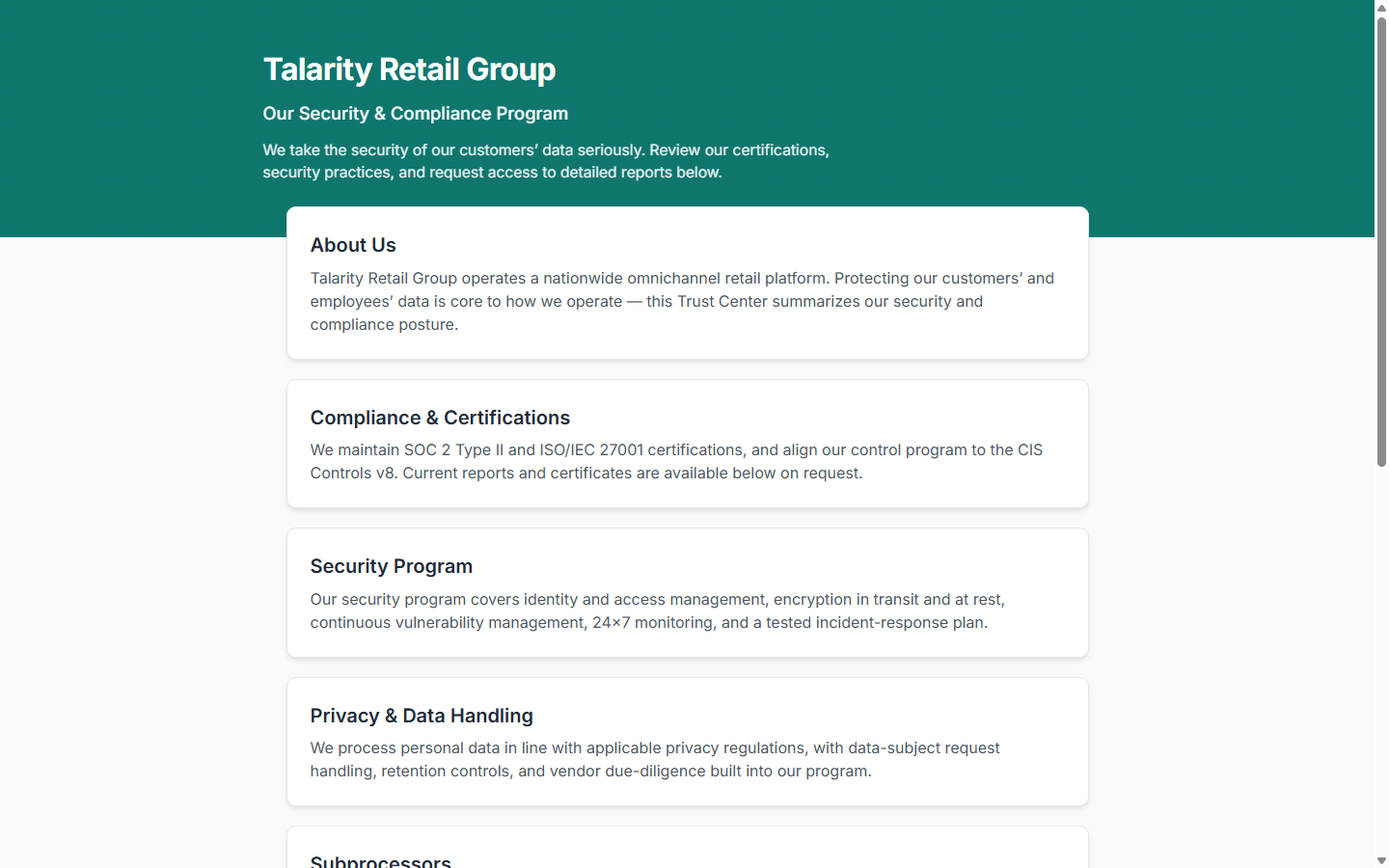 The public Trust Center page for "Talarity Retail Group" — a teal-branded hero with the org name, "Our Security & Compliance Program" headline, and description, followed by section cards for About Us, Compliance & Certifications, Security Program, and Privacy & Data Handling.
