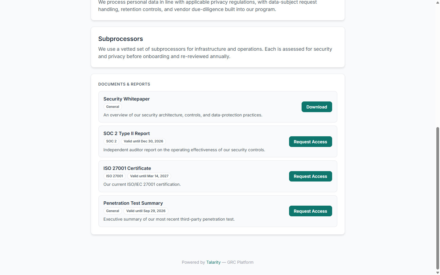 The Documents & Reports section: "Security Whitepaper" tagged Public with a Download button, and "SOC 2 Type II Report", "ISO 27001 Certificate", and "Penetration Test Summary" tagged with validity dates and Request Access buttons.