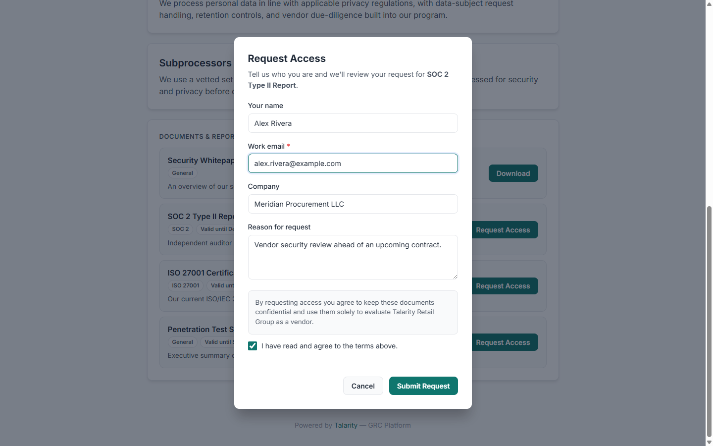 The Request Access modal for the SOC 2 Type II Report, with the requester's name, work email, company, and reason filled in, and the NDA acceptance checkbox checked above the Submit Request button.