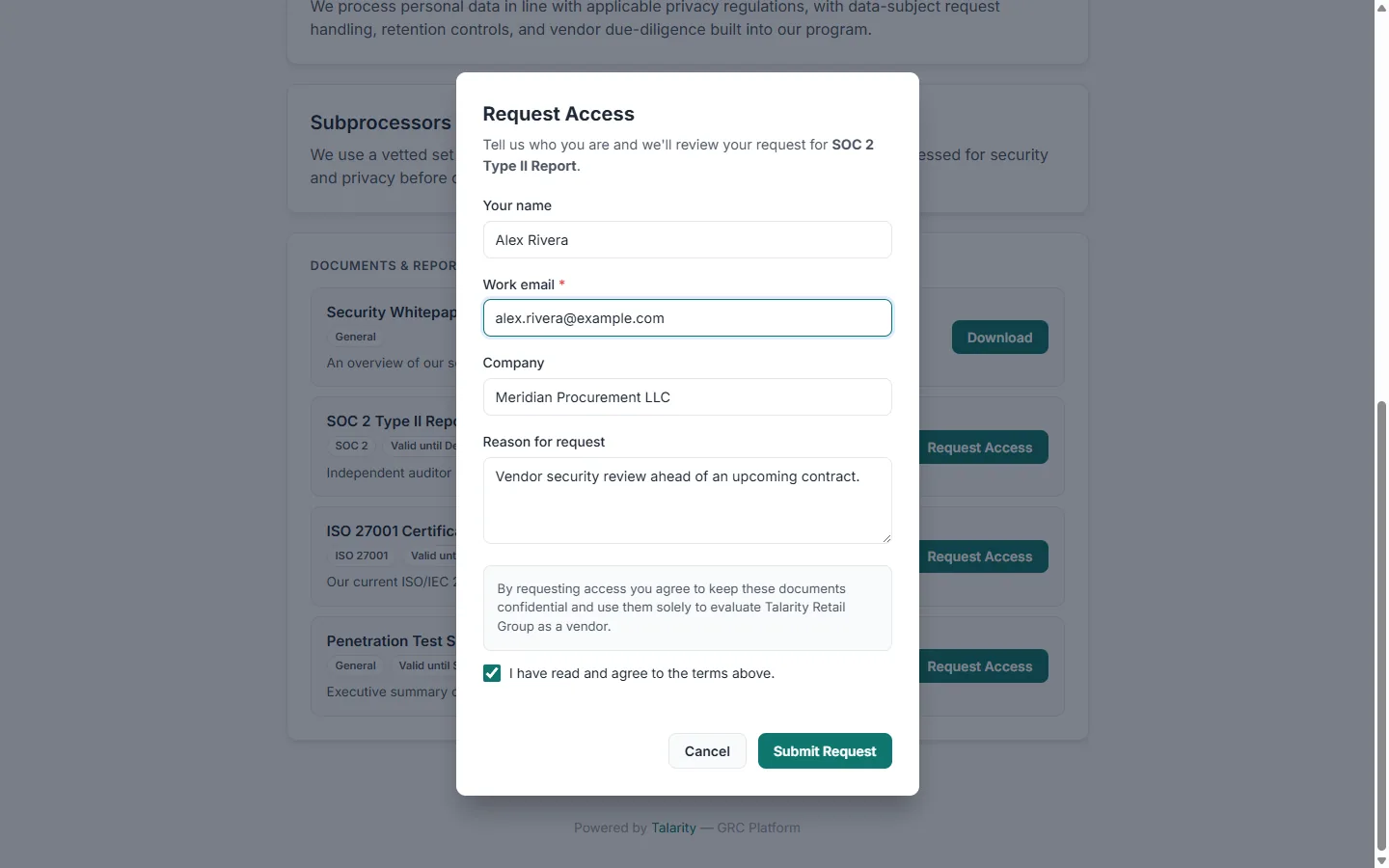 The Request Access modal for the SOC 2 Type II Report, with the requester's name, work email, company, and reason filled in, and the NDA acceptance checkbox checked above the Submit Request button.