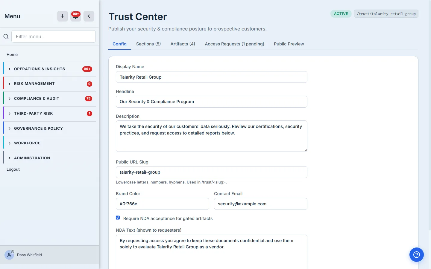 The Trust Center admin Config tab: an ACTIVE status pill and the /trust/talarity-retail-group slug, with fields for display name, headline, description, public URL slug, brand color, contact email, and the NDA requirement toggle and text.