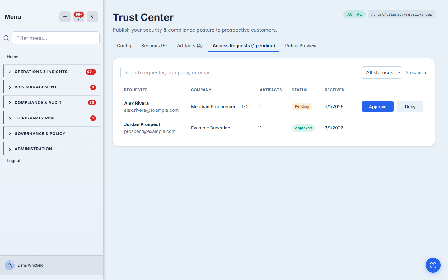 The Access Requests tab showing a pending request from "Alex Rivera" at "Meridian Procurement LLC" with Approve and Deny buttons, and an already-approved request, each with a status badge and received date.