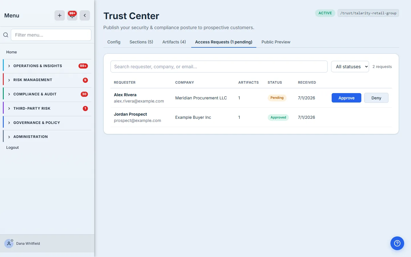 The Access Requests tab showing a pending request from "Alex Rivera" at "Meridian Procurement LLC" with Approve and Deny buttons, and an already-approved request, each with a status badge and received date.