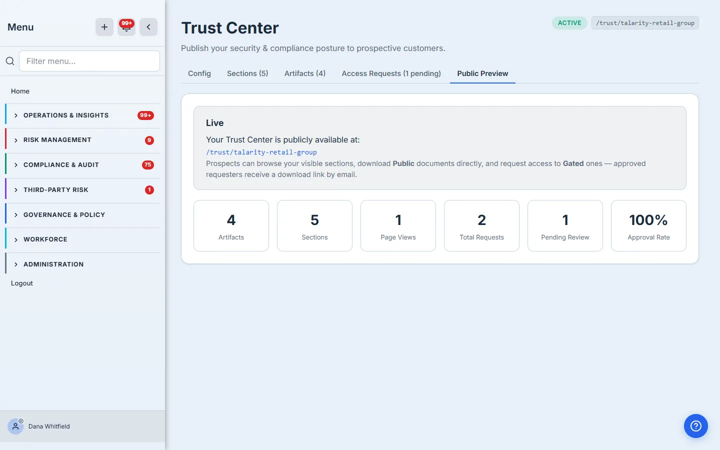 The Public Preview tab: a "Live" card linking to /trust/talarity-retail-group, with a KPI grid — Artifacts, Sections, Page Views, Total Requests, Pending Review, and Approval Rate.