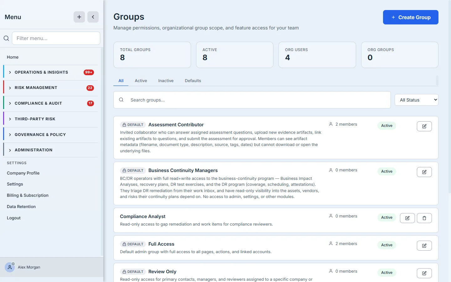 The Groups list — existing groups with member counts and status, plus the Create Group action.