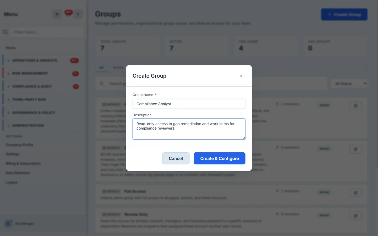 The Create Group dialog — name and description for a new "Compliance Analyst" group.
