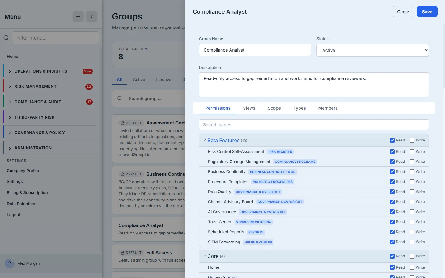 The Permissions tab — the Compliance Analyst group is read-only (Read granted, Write off across the pages a reviewer needs), with the Reports page explicitly Denied: its Read and Write grey out because Deny overrides them.