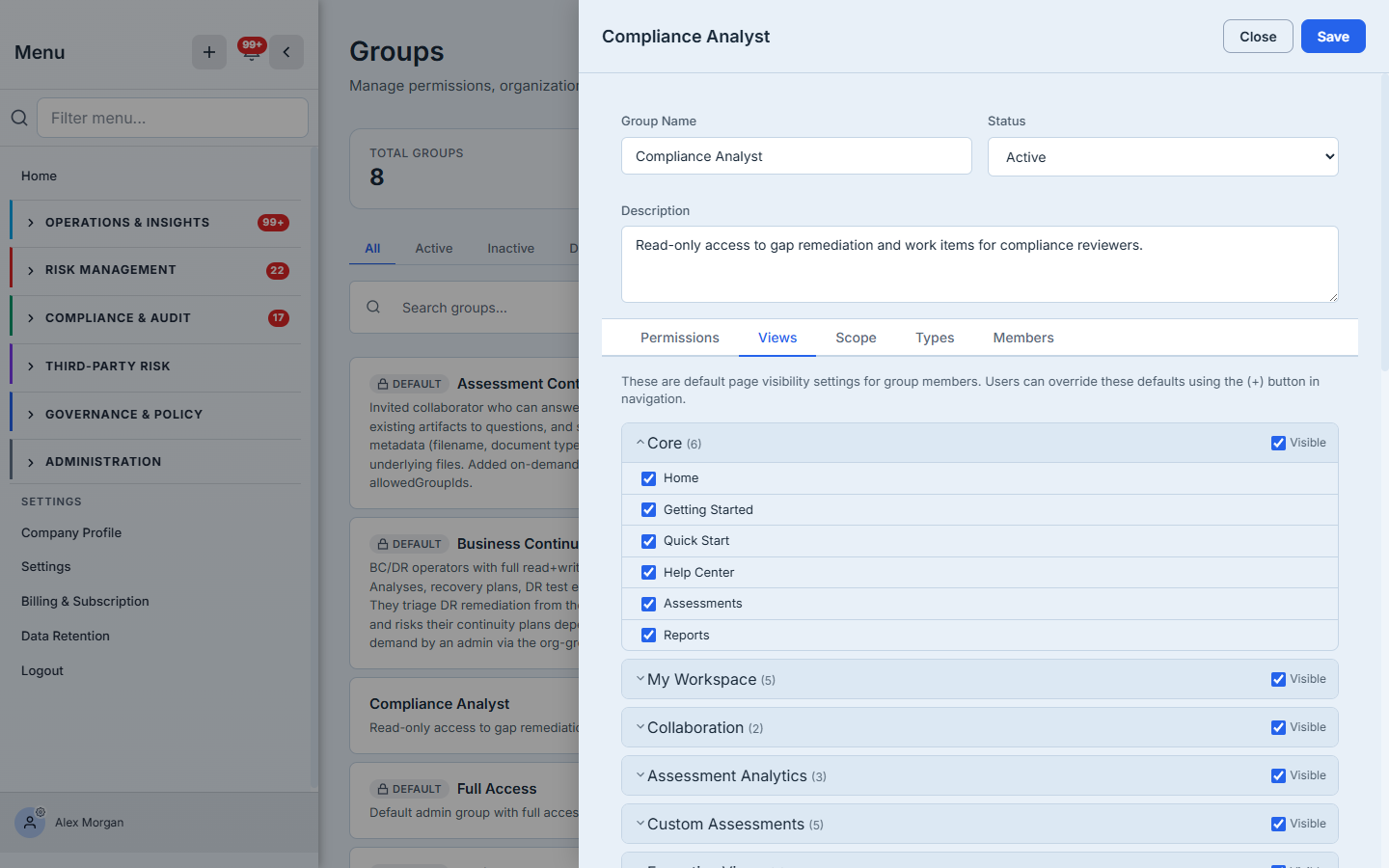 The Views tab — default page-visibility settings per section, which members can extend.