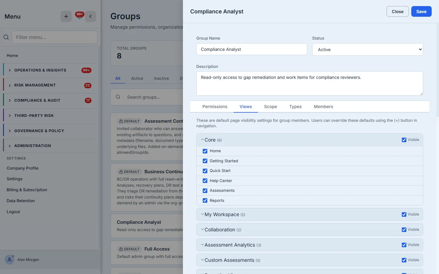 The Views tab — default page-visibility settings per section, which members can extend.
