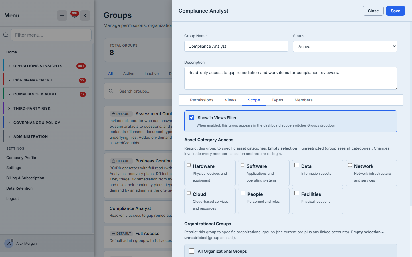 The Scope tab — asset-category and organizational-group data scoping.