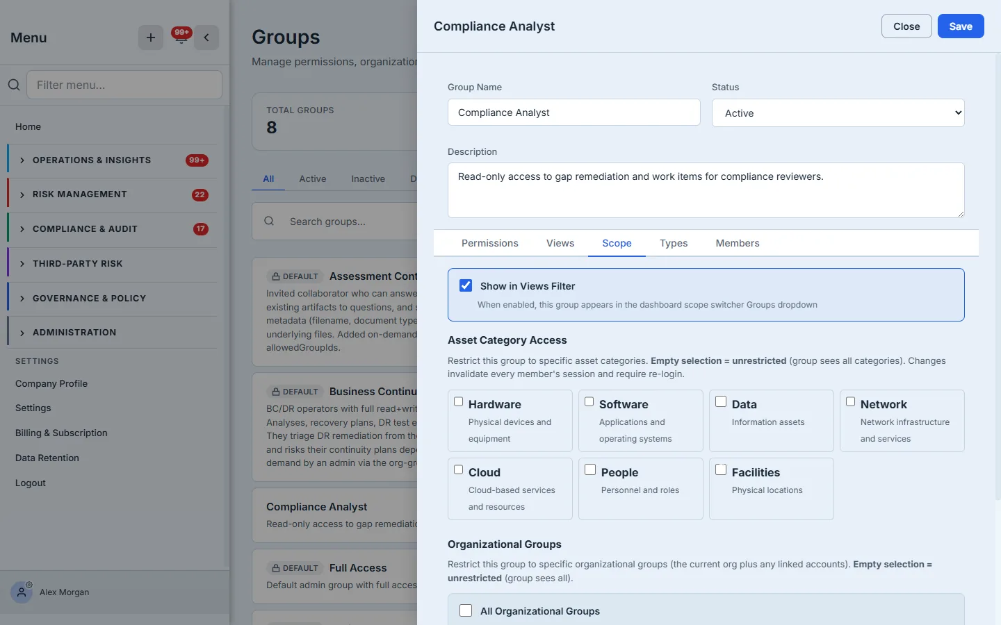 The Scope tab — asset-category and organizational-group data scoping.