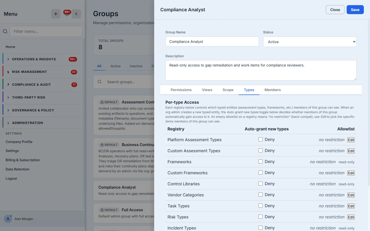 The Types tab — per-type Allow/Deny across the registries, with auto-grant for new types.