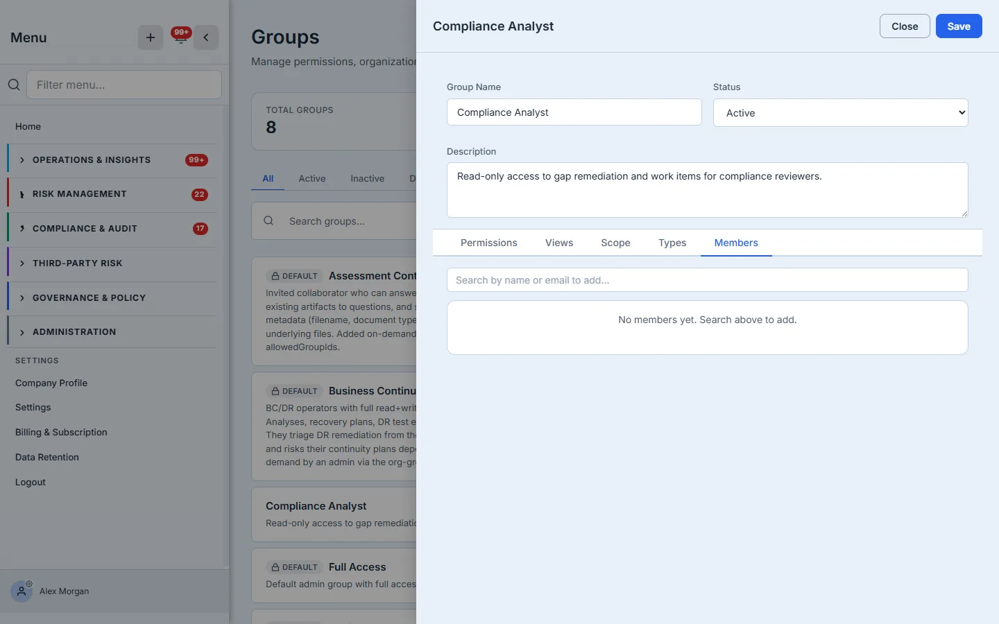 The Members tab — the group's roster, searchable by name or email.