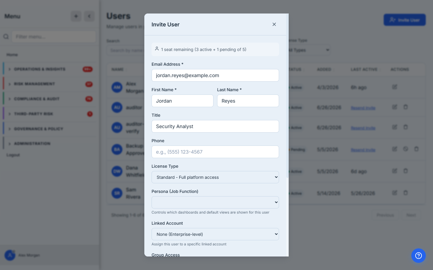 The Invite User modal — contact details, license type, persona, and linked-account fields, with the remaining-seat count up top.