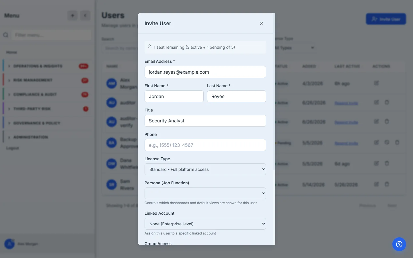 The Invite User modal — contact details, license type, persona, and linked-account fields, with the remaining-seat count up top.