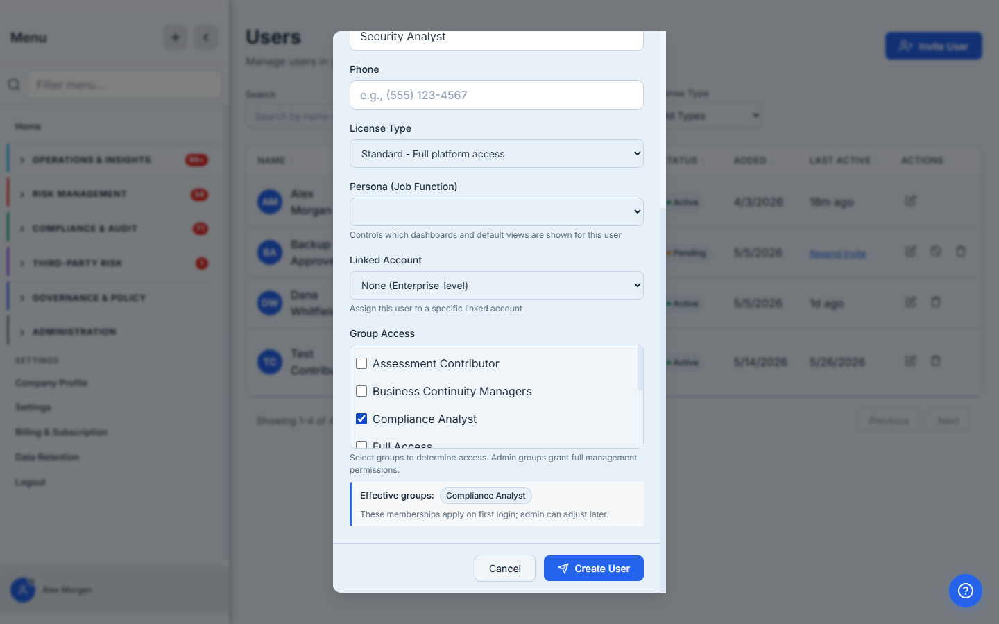 The Group Access section — group checkboxes with "Compliance Analyst" selected, an Effective-groups preview, and groups beyond the admin's own access marked.