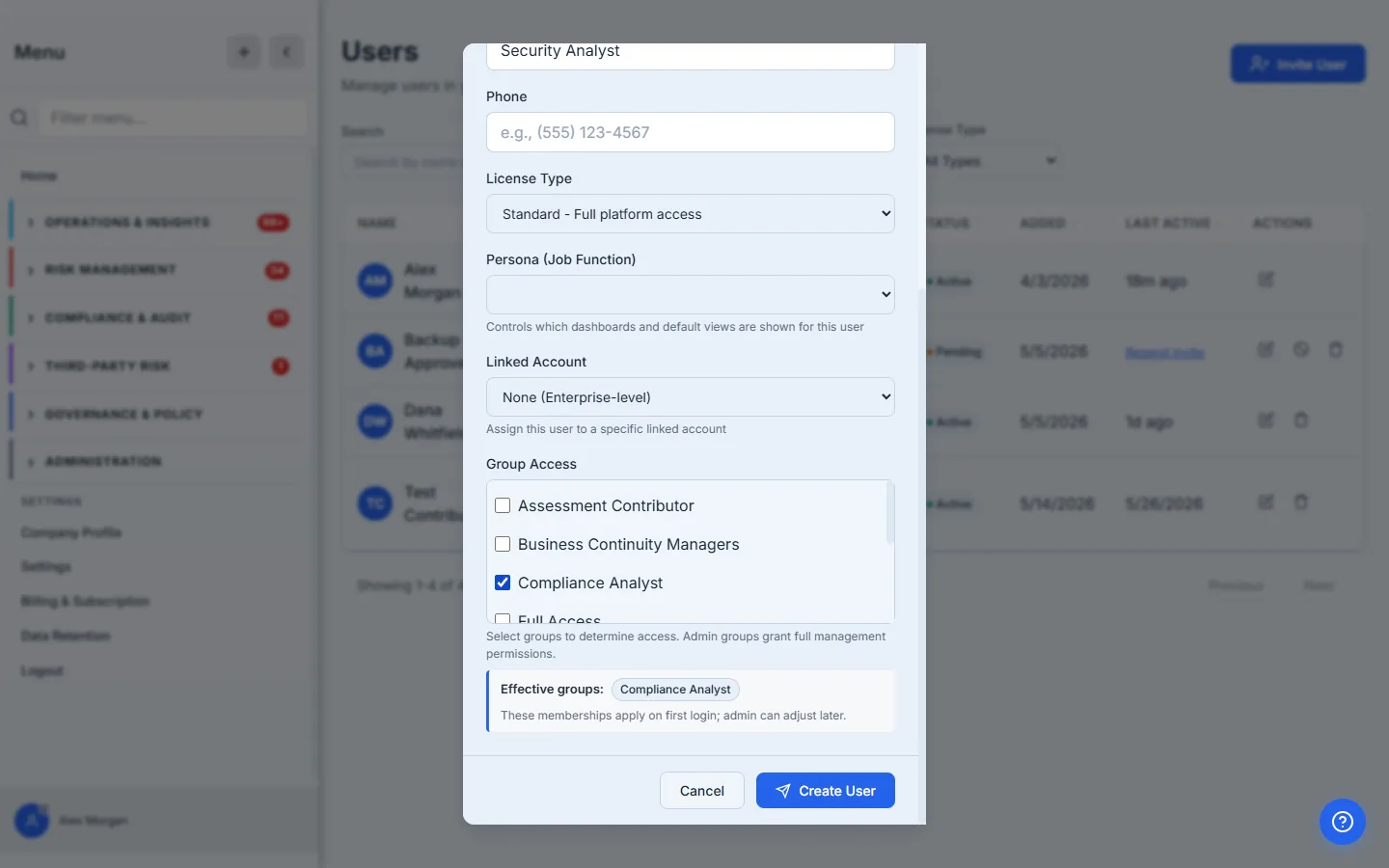 The Group Access section — group checkboxes with "Compliance Analyst" selected, an Effective-groups preview, and groups beyond the admin's own access marked.