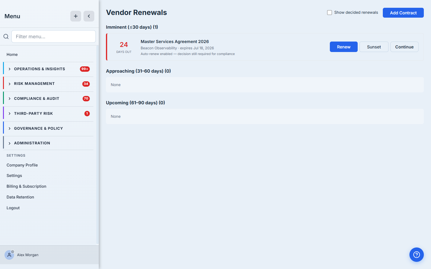 The renewal queue — a contract in the Imminent bucket, 25 days out, with Renew / Sunset / Continue actions and an auto-renew warning.