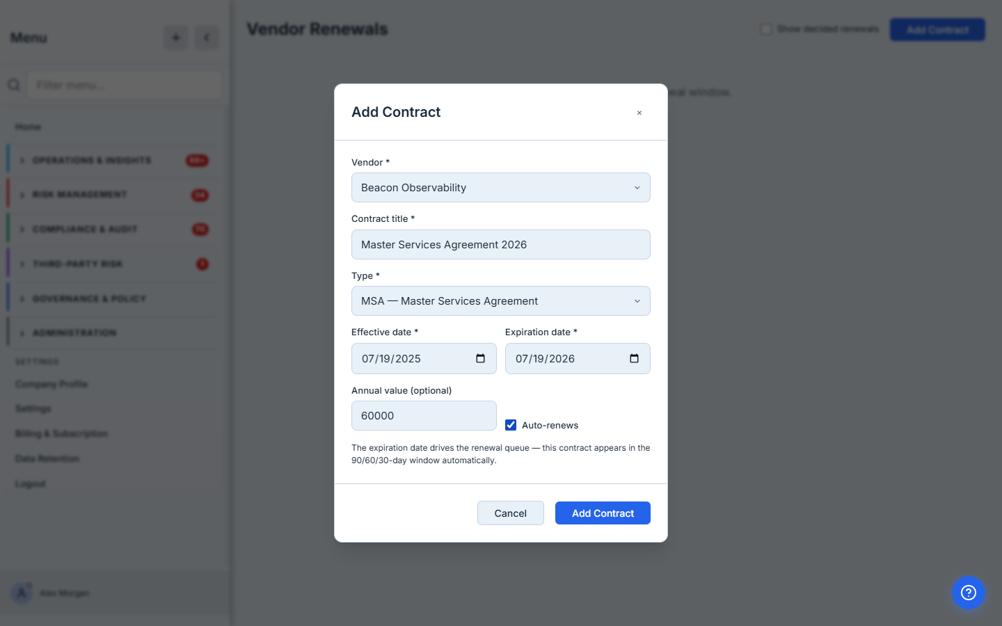 The Add Contract form — vendor, title, type, effective and expiration dates, annual value, and the auto-renews flag.