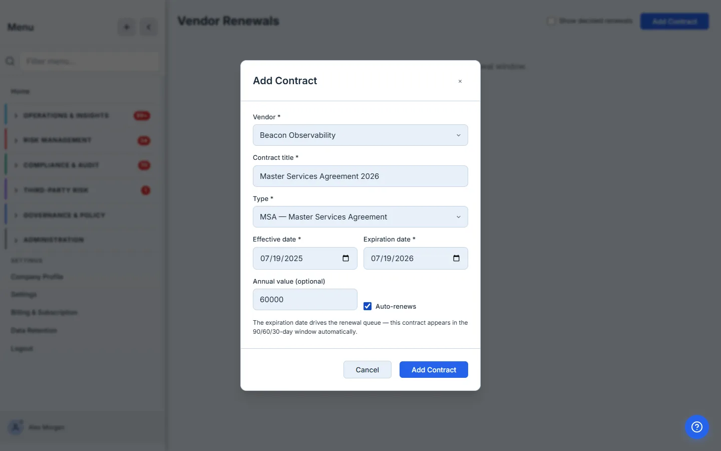 The Add Contract form — vendor, title, type, effective and expiration dates, annual value, and the auto-renews flag.